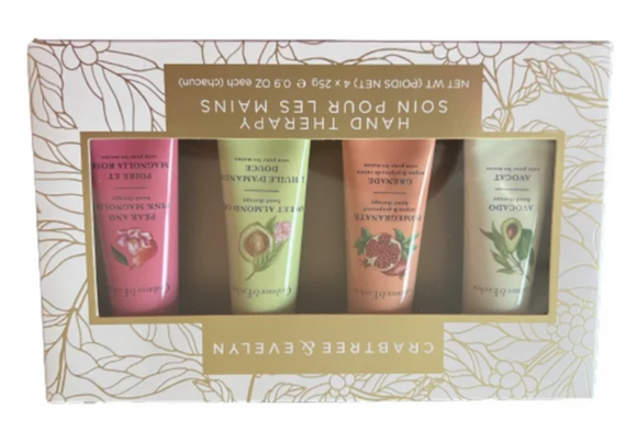 Crabtree And Evelyn 4 pc Hand Therapy Set .9 Oz each Pear and Pink Magnolia, Sweet Almond Oil, Pomegranate, Avocado Hand lotion cream