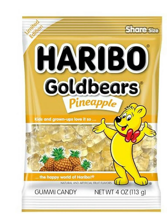 Haribo Gummi Candy  Goldbears Single Flavor Limited Edition  Pineapple, 4 oz. (12 bags)