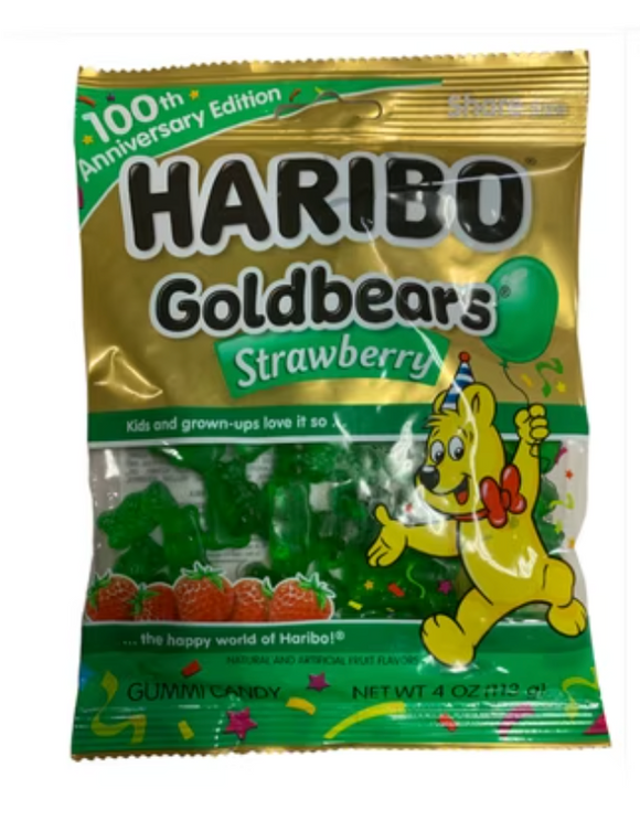 Haribo Gummi Candy  Goldbears Single Flavor Limited Edition Strawberry, 4 oz (12 bags)